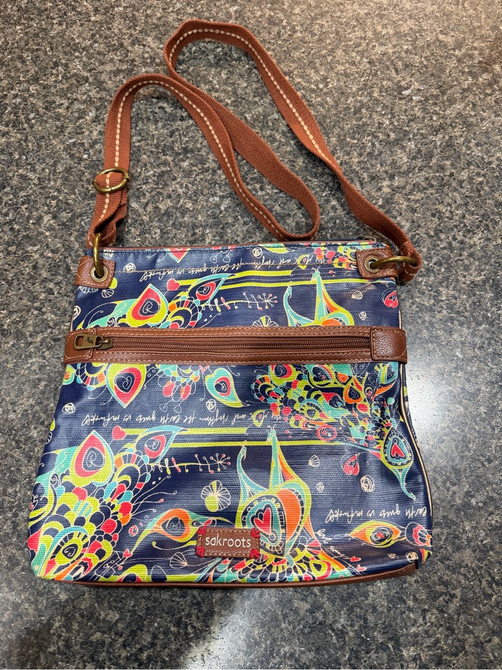 Sakroots Navy Multicolor Paisley Crossbody with Brown Trim